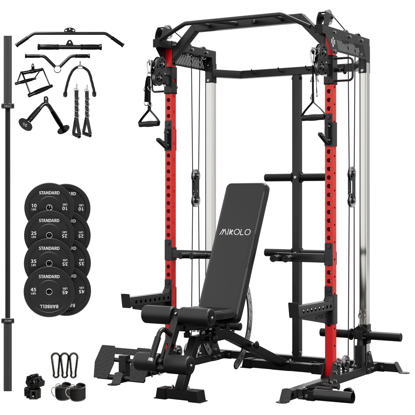 Mikolo Power Rack Cage, Squat Rack with Cable Crossover Machine, 230lbs Weight Plate, Multi-Function Power Cage with J Hooks,Dip Bars and Landmine for Home Gym