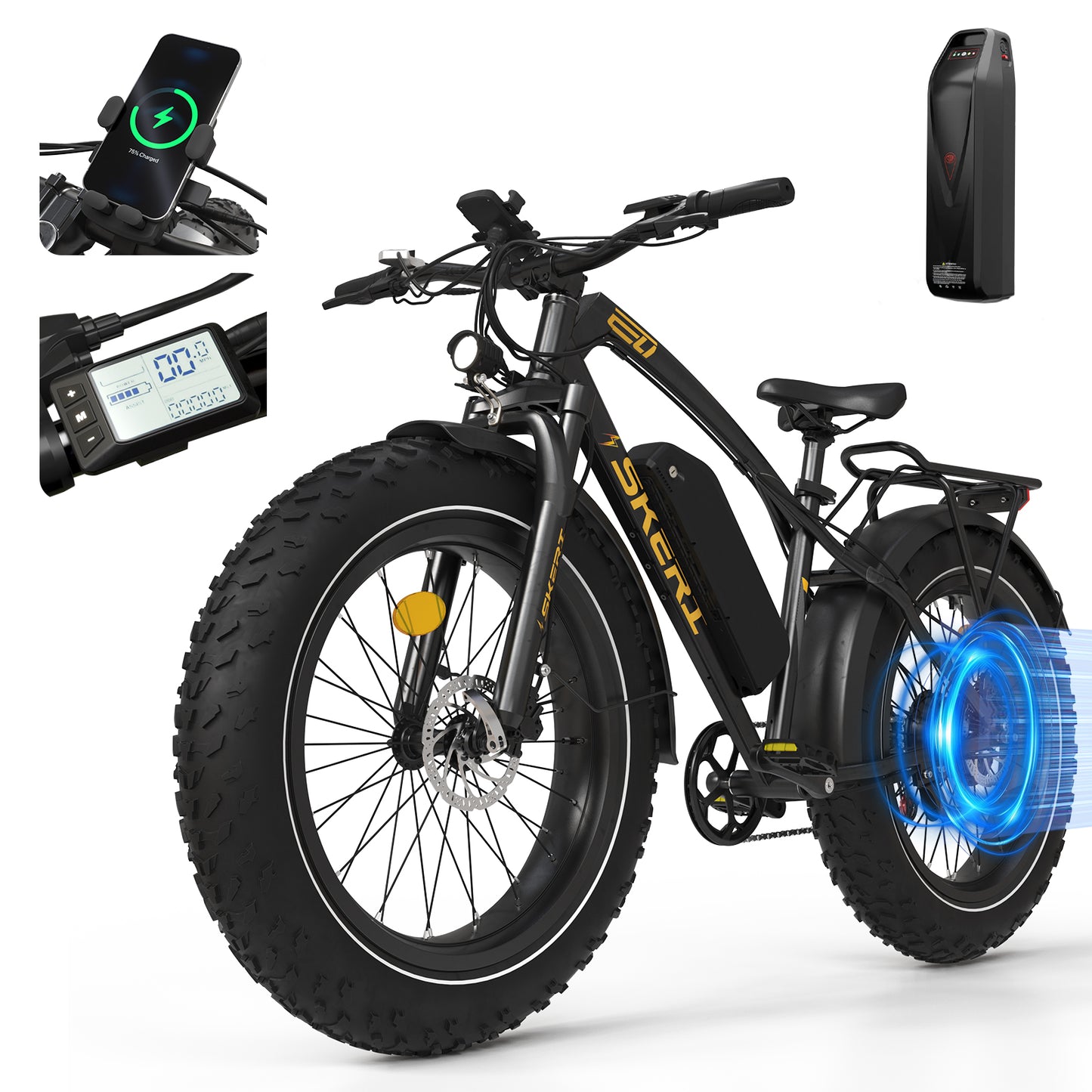 Skeri Electric Scooter, 26"x4.0" Fat Tire E Bike, 500W (Peak 1000) Motor, 48V 15.6Ah Removable Battery*2, 60 Miles & 25 mph, Electric Bicycle with 7 Speed and Front Suspension, Black