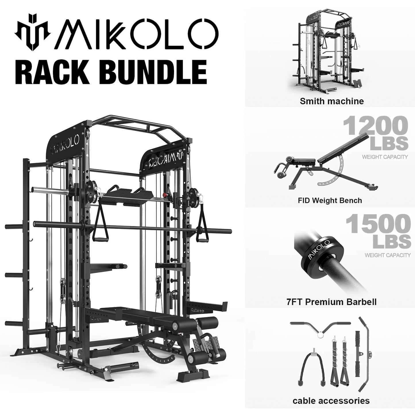 Mikolo Smith Machine, All-in-One Power Rack Cage with Vertical Leg Press, 2000LBS Power Cage Squat Rack with Smith Bar, Dual Pulley Cable Crossover System for Home gym