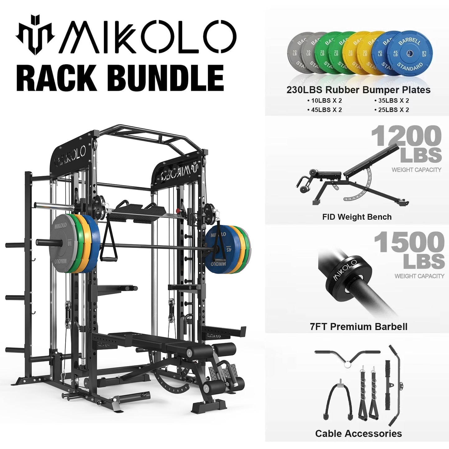 Mikolo Smith Machine, All-in-One Power Rack Cage with Vertical Leg Press, 2000LBS Power Cage Squat Rack with Smith Bar, Dual Pulley Cable Crossover System for Home gym