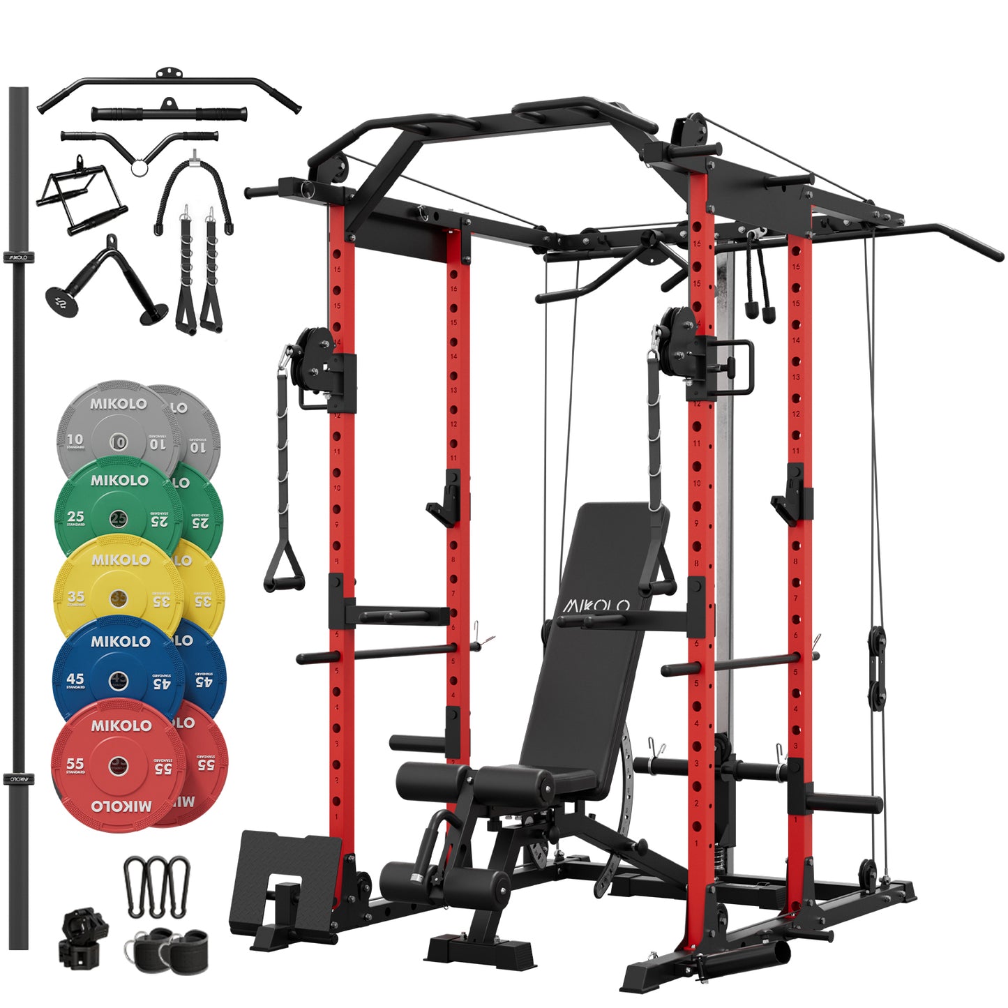 Mikolo Power Rack Cage, Squat Rack with Cable Crossover Machine, 230lbs Weight Plate, Multi-Function Power Cage with J Hooks,Dip Bars and Landmine for Home Gym
