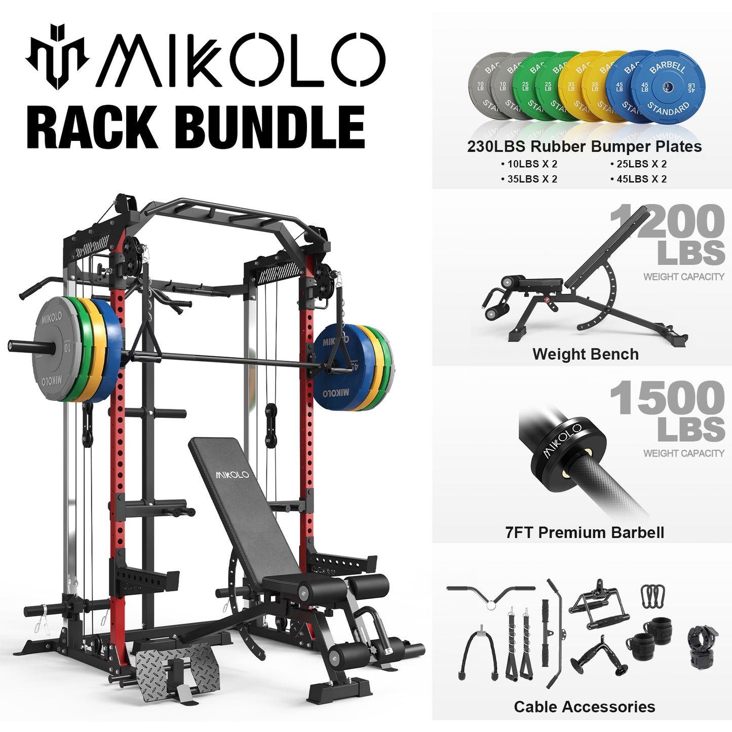 Mikolo Power Rack Cage, Squat Rack with Cable Crossover Machine, 230lbs Weight Plate, Multi-Function Power Cage with J Hooks,Dip Bars and Landmine for Home Gym