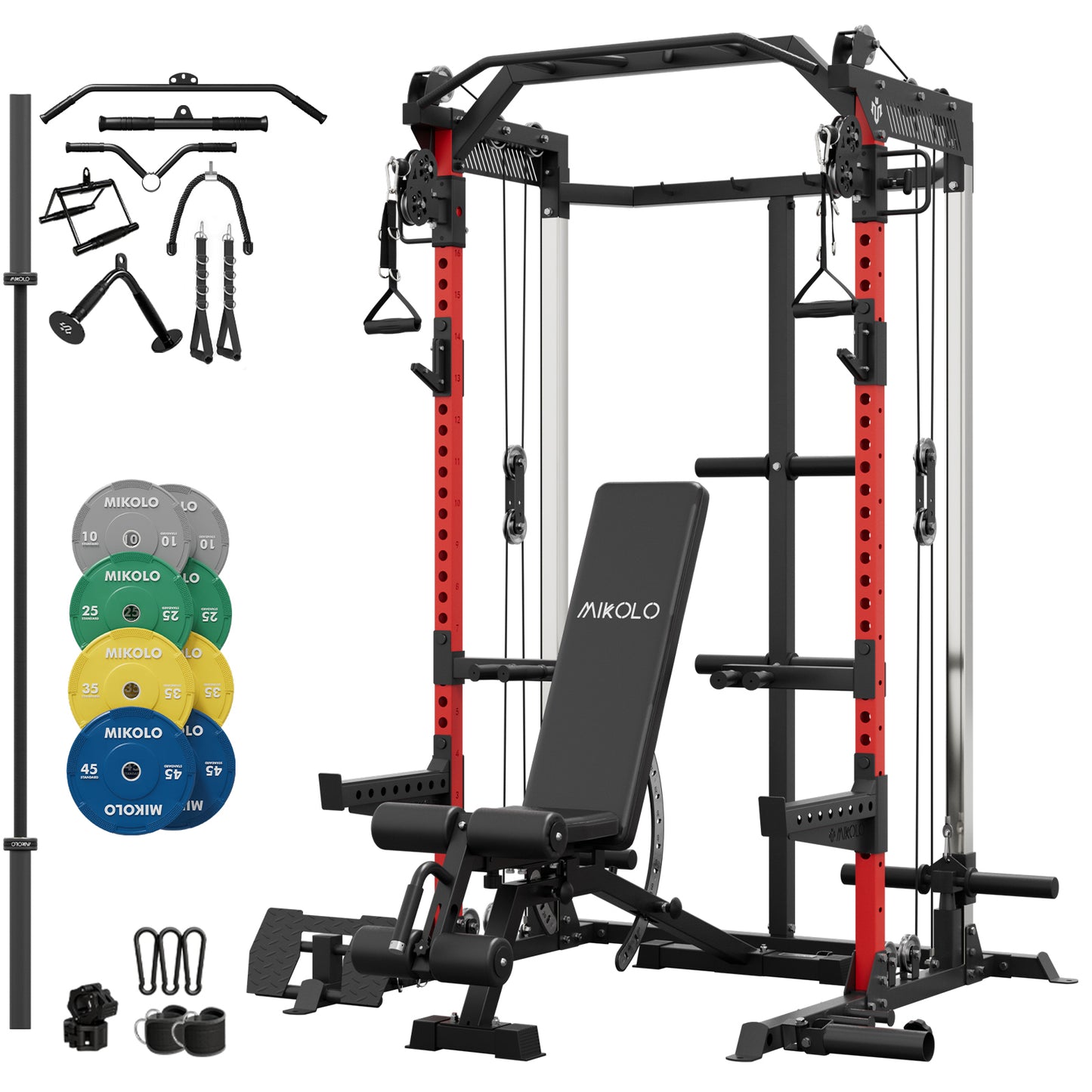 Mikolo Power Cage, Squat Rack with Dual Pulley Cable Crossover System, Multifunction Free Weight Home Gym Workout Machine with Attachments Red