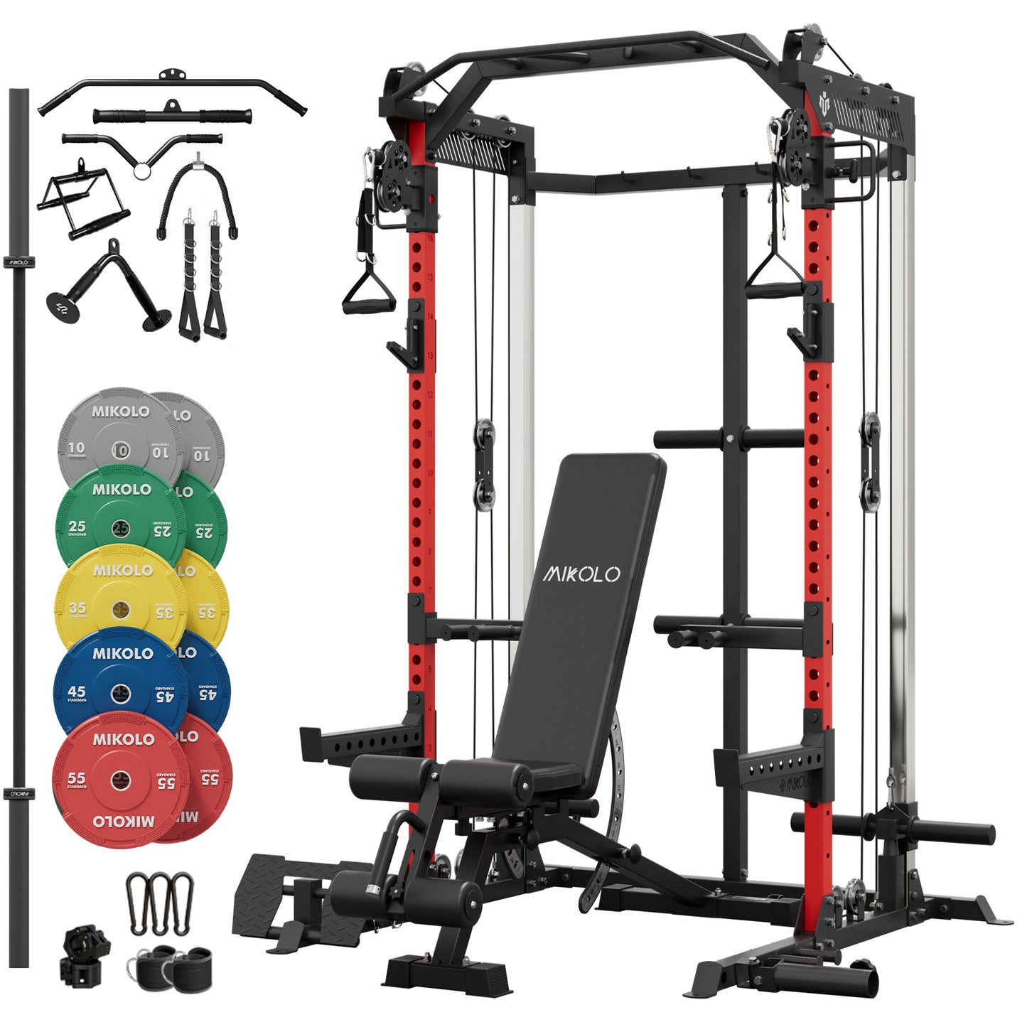 Mikolo Power Rack Cage, Squat Rack with Cable Crossover Machine, 230lbs Weight Plate, Multi-Function Power Cage with J Hooks,Dip Bars and Landmine for Home Gym