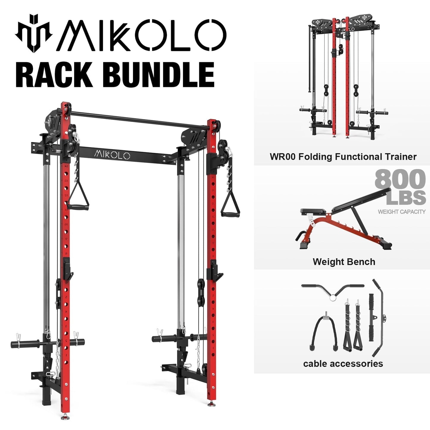 Mikolo Foldable Power Rack Cage,1000lbs Capacity Wall Mounted Squat Rack with independent pulley system, Space Saving Home Gym Equipment with 5 Adjustable Angle