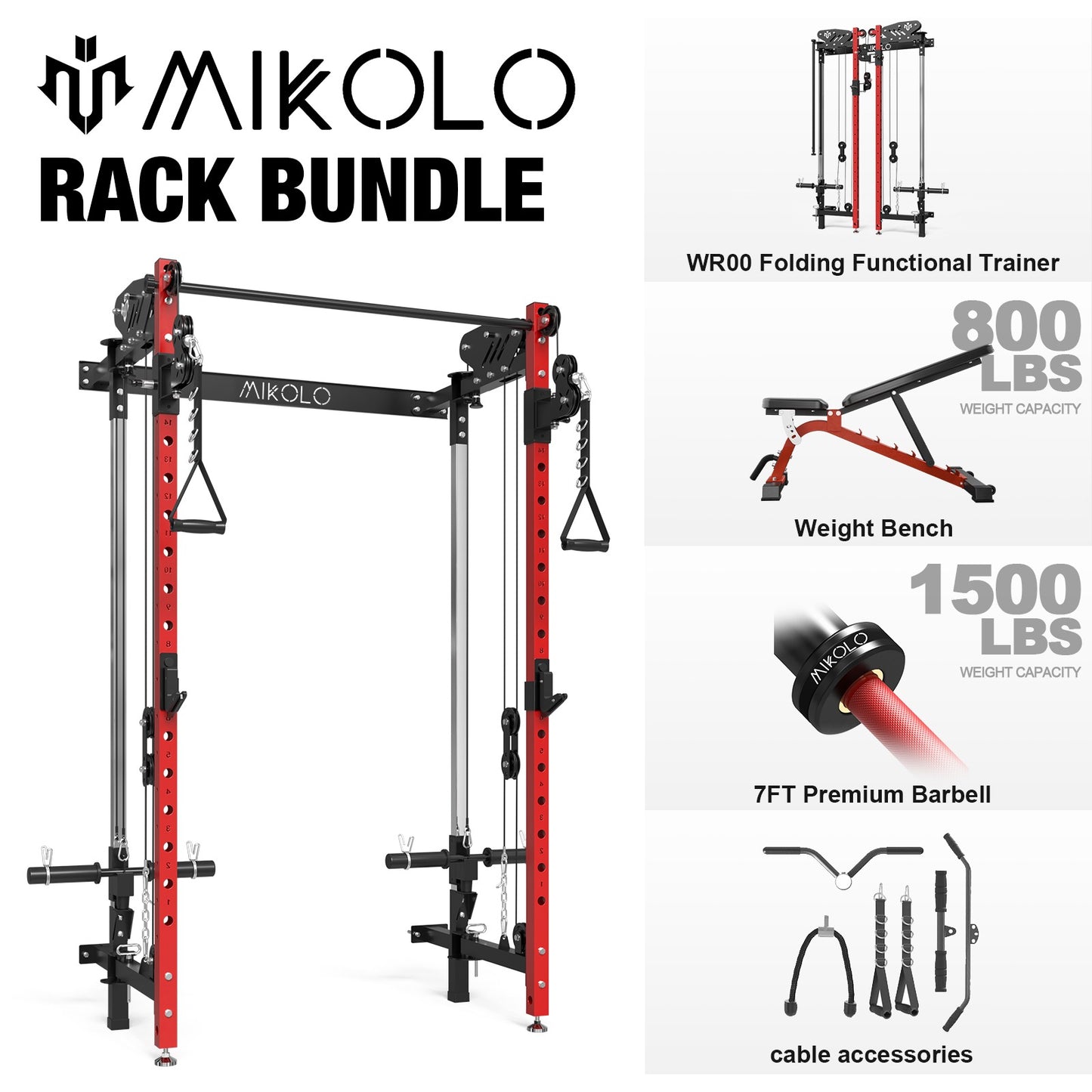 Mikolo Foldable Power Rack Cage,1000lbs Capacity Wall Mounted Squat Rack with independent pulley system, Space Saving Home Gym Equipment with 5 Adjustable Angle