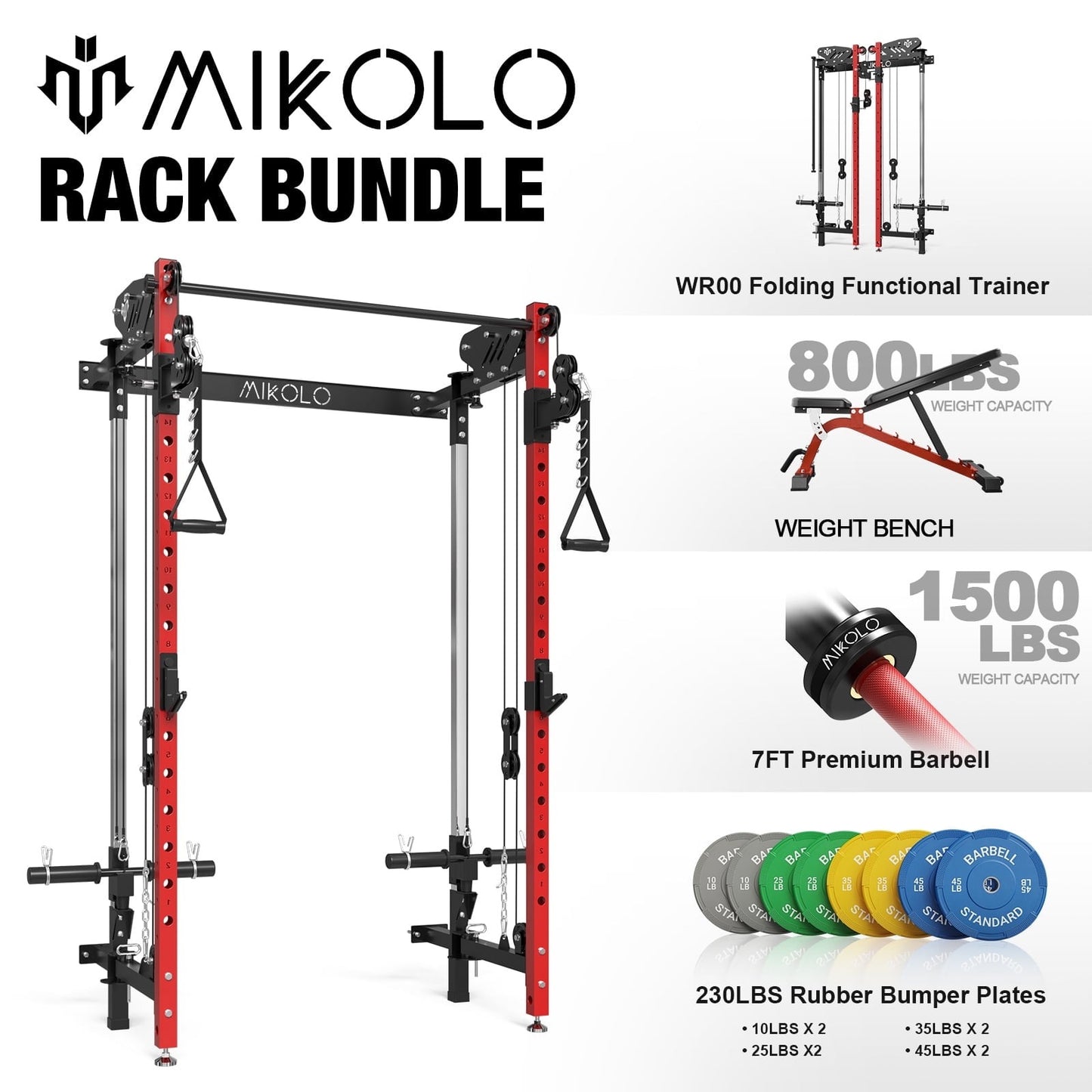 Mikolo Foldable Power Rack Cage,1000lbs Capacity Wall Mounted Squat Rack with independent pulley system, Space Saving Home Gym Equipment with 5 Adjustable Angle