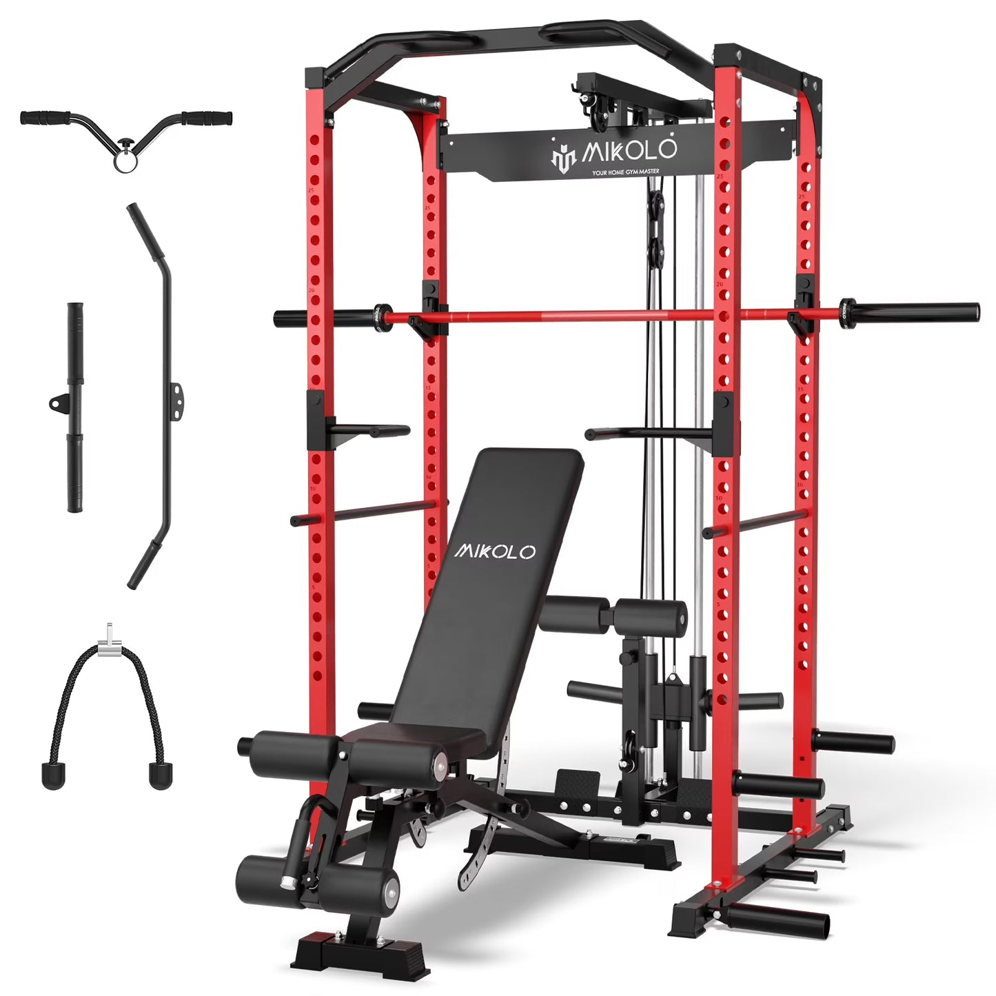 Mikolo Power Rack Cage with LAT Pulldown System,1200 lbs Capacity Power Rack with 1200 lbs Capacity Weight Bench and 1500 lbs Capacity Barbell Combo (Upgraded)