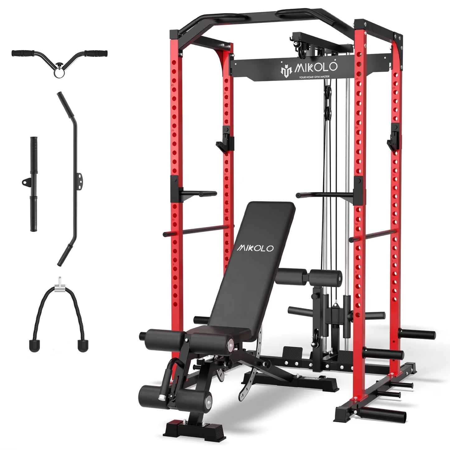 Mikolo Power Rack Cage with LAT Pulldown System,1200 lbs Capacity Power Rack with 1200 lbs Capacity Weight Bench Cable Accessories