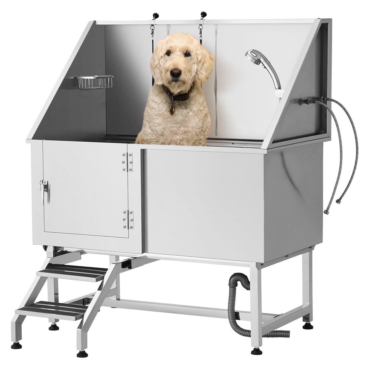 syedee 45" Stainless Steel Dog Bathing Station - Dog Grooming Tub w/Ramp, Storage Drawer, Floor Grate & Faucet/Dog Bathtub for Large,Medium & Small Pets - Dog Washing Station for Home