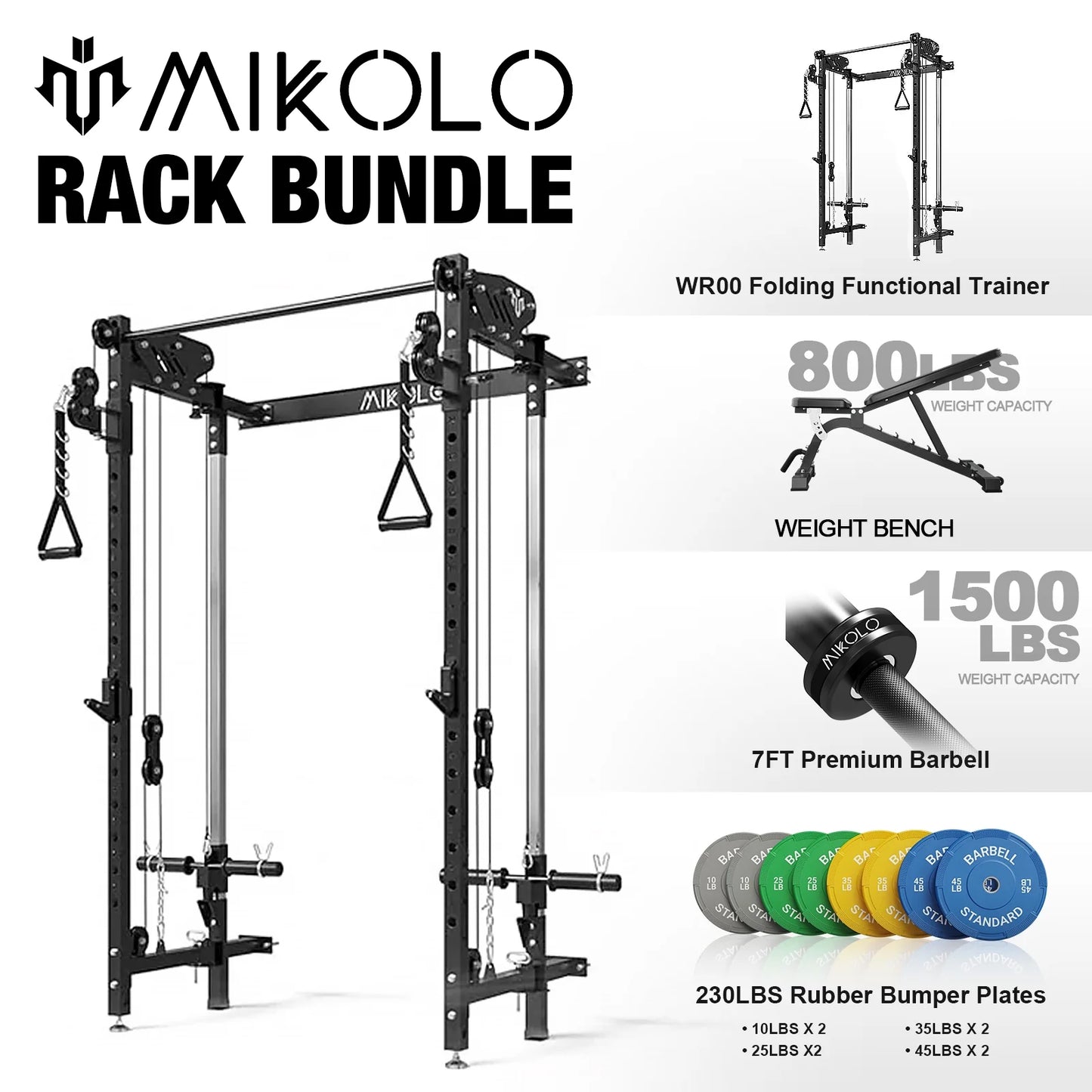 Mikolo Folding Squat Rack, Wall Mounted Power Rack with Cable Crossover Machine & LAT Pull Down Machines, Functional Trainer with 5 Adjustable Function Modes, for Home Gym and Space Saving,