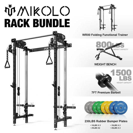 Mikolo Folding Squat Rack, Wall Mounted Power Rack with Cable Crossover Machine & LAT Pull Down Machines, Functional Trainer with 5 Adjustable Function Modes, for Home Gym and Space Saving,