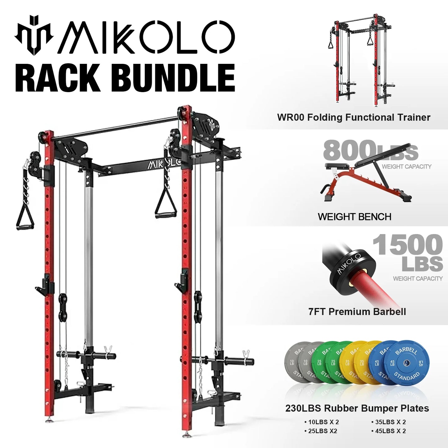 Mikolo Folding Squat Rack, Wall Mounted Power Rack with Cable Crossover Machine & LAT Pull Down Machines, Functional Trainer with 5 Adjustable Function Modes